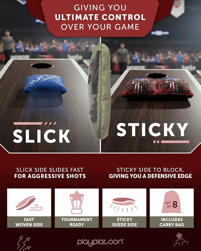 Play Platoon Pro Cornhole Bags Set of 8 - Professional Dual Sided Slick and Sticky Side Competition Corn Hole Bags - Tournament Series