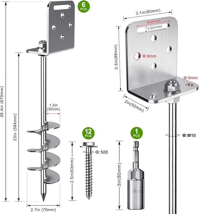 BeneLabel 2/4/6 Pack 18" 24" Ground Anchors Screw in Shed Anchor with L Bracket Trampoline Anchor Spiral Swingset Anchors for Swing Set, Mobile Home, Fence, Playset, Tent, Canopy, Carport