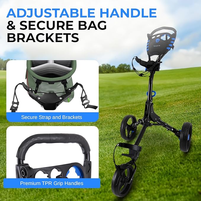 SereneLife Golf Push Cart 3 Wheel, Ultra Lightweight Aluminum Foldable Cart with Adjustable Handle, Quick-Fold, New-Version Scorecard, Phone/Cup/Umbrella Holders, Cooler Storage | Comfortable to push all day — adjustable handle fits any height