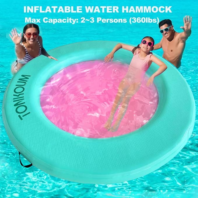 Water Hammock Inflatable Dock, 3.8ft/6ft/8ft Floating Raft Circular Water Island, Float Rings Air Mesh Platform for Lake/River/Swim Pool