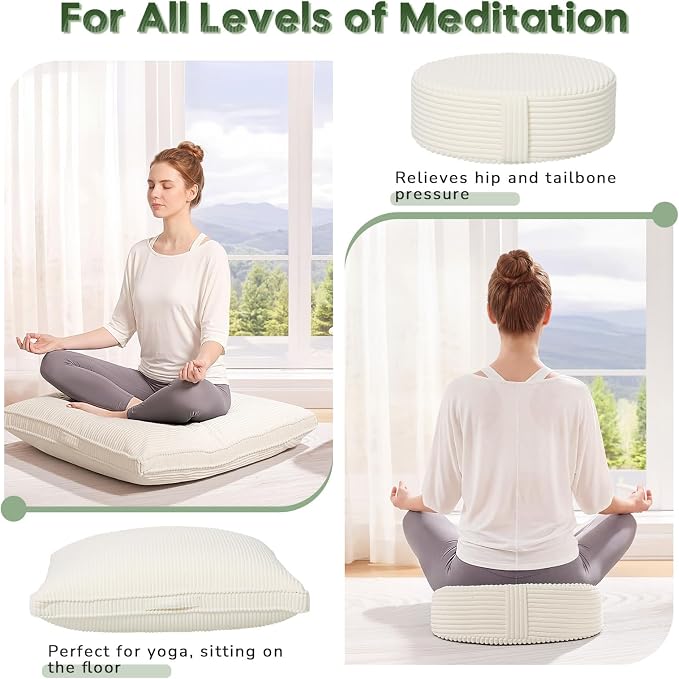 Meditation Cushion Set, Large Meditation Pillow with Ergonomic Support Prayer Pad, Modern Zafu & Zabuton Set to Mindfulness, Yoga, Removable Corduroy Cover, Beige, 32in