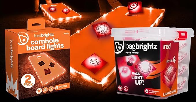 Brightz Cornhole Board Edge Lights with LED Bags - Includes 4-Pack of LED Cornhole Bags + TossBrightz Cornhole Board Edge Lights - The Ultimate Night Time Cornhole Master Set