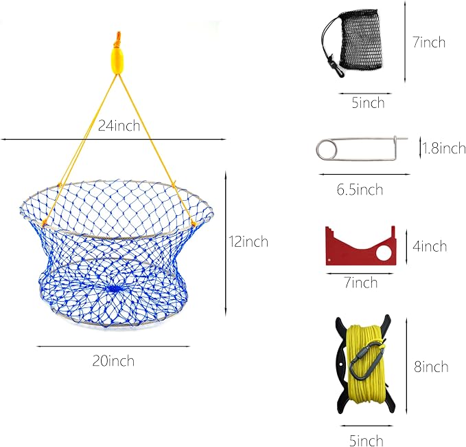 Stainless Collapsible Crab Net with 100ft Rope, Bait Bag, Clip & Ruler – 6 Pieces Portable Crab Trap for Easy Storage – Durable Grid Design for Dock & Pier Crabbing