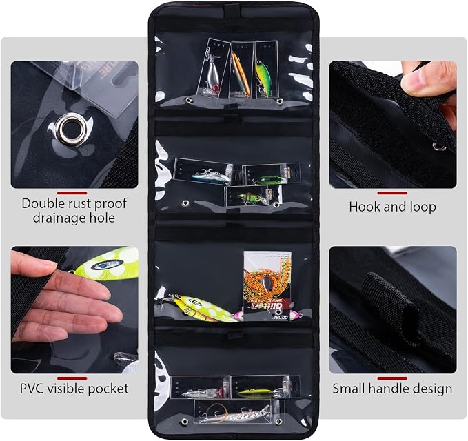 Goture Fishing Tackle Bag Roll Up Lure Wrap Soft Plastic Bait Storage with Drain Holes Measure Scale, 600D Water Repellent Jig Pouch Organizer for Saltwater Boat Gear