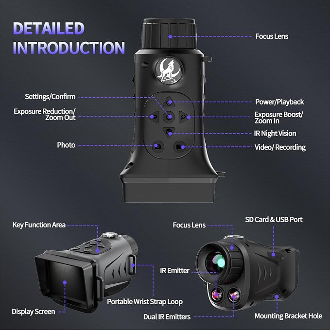 4K& 66MP Night Vision Monocular, Dual IR Infrared Monocular with 18X Digital Zoom, 3000mAh Rechargeable Battery,32GB SD Card & Card Reader, Portable for Camping Wildlife Watching Home Security