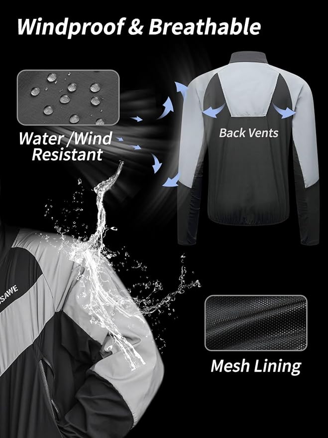 WOSAWE Men Reflective Jacket Night Glowing Bomber Jacket MTB Cycling Windbreaker Travel Sport Coat