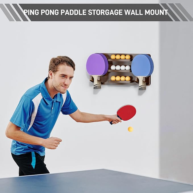 Ping Pong Paddle Holder for 8 Paddles and 12 Ball Storage, Wooden Table Tennis Racket Display Wall Mount Storage Rack, Ping Pong Accessories Organizer in Game Room,Man,Cave,Office,Home, Brown