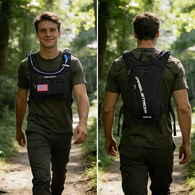 Maelstrom Hydration Vest with 2L Water Bladder Backpack for Running Hiking | Chest Pack, BPA-free, High Flow Bite, Reflective Stripe, Helmet Buckle, Detachable, Breathable Pad, for Cycling, Marathon