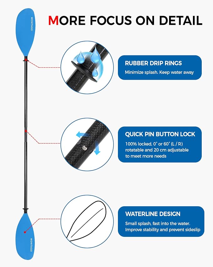 Kayak Paddle Carbon Fiber Shaft and Reinforced Nylon Blade, Adjustable Kayaking Oars, 3 Piece, 230-250 cm/90-98 Inches,210-230 cm/82-90 inches