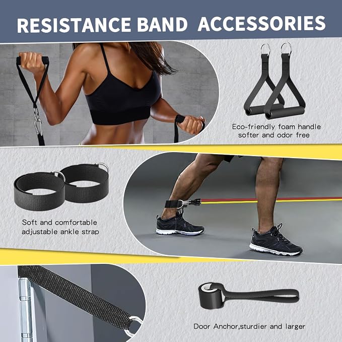 WHATAFIT Resistance Bands, Exercise Bands, Workout Bands with Handles, Door Anchor and Ankle Straps, 5 Resistance Levels Fitness Bands for Strength Training, Physical Therapy, and Home Gym Equipment