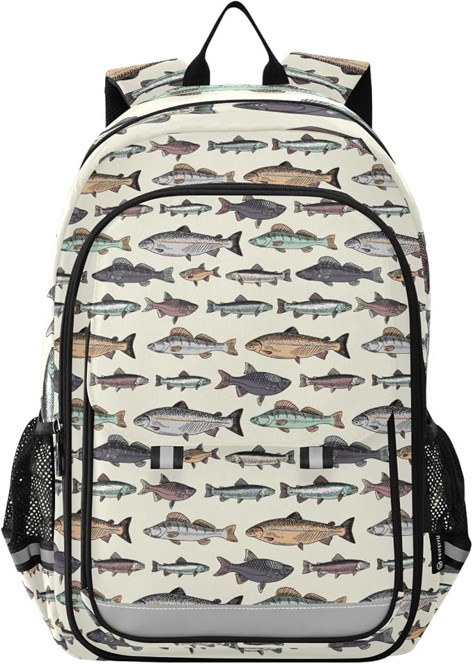 Vintage Fishes School Backpack Laptop Travel Daypack for Kids Girls Boys, Personalized Computer Notebooks Bookbag with Adjustable Padded Straps