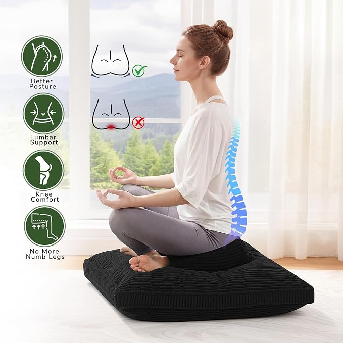 Meditation Cushion Set, Large Meditation Pillow with Ergonomic Support Prayer Pad, Modern Zafu & Zabuton Set to Mindfulness, Yoga, Removable Corduroy Cover, Black, 32in