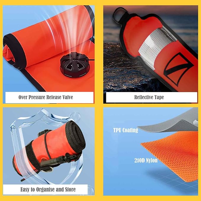 Diving Surface Marker Buoy Set SMB 5ft High Visibility Inflatable Scuba Signal Tube Safety Sausage with 100ft Diving Spool Reel and Clip