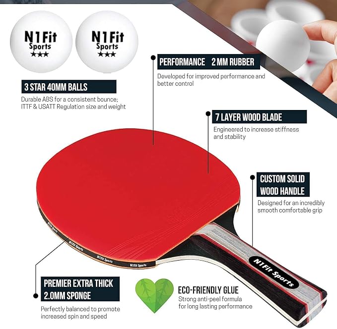 N1fit Ping Pong Paddles - Set of 4 High-Performance 5-Ply Rackets, 8 Professional 3-Star Table Tennis Balls, Portable Storage Case for Indoor-Outdoor Games