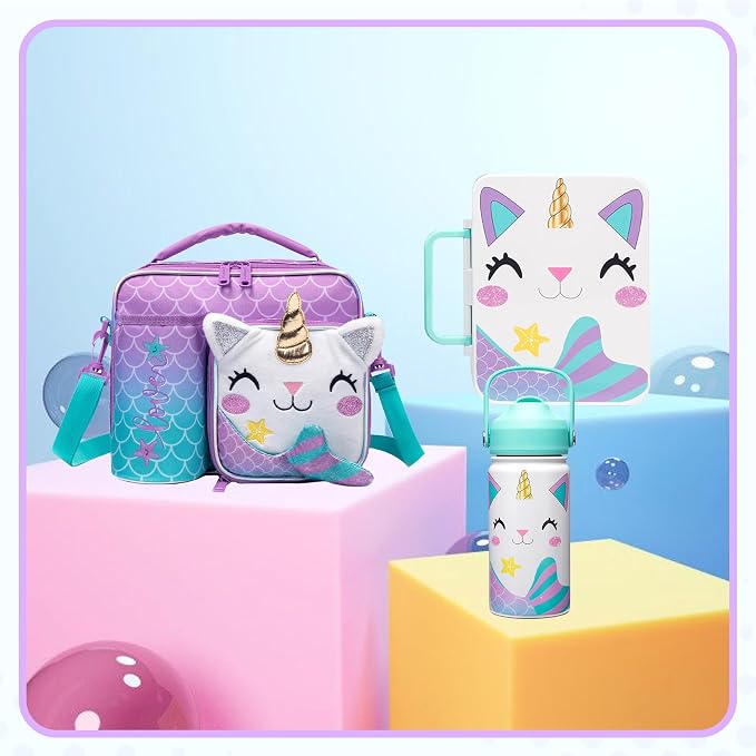 Unicorn Lunch Box for Girls Bento Box for Kids with Ice Pack,Stainless Steel Water Bottle Set Utensils Set Food Container for School Girls Kids Back to School Supplies