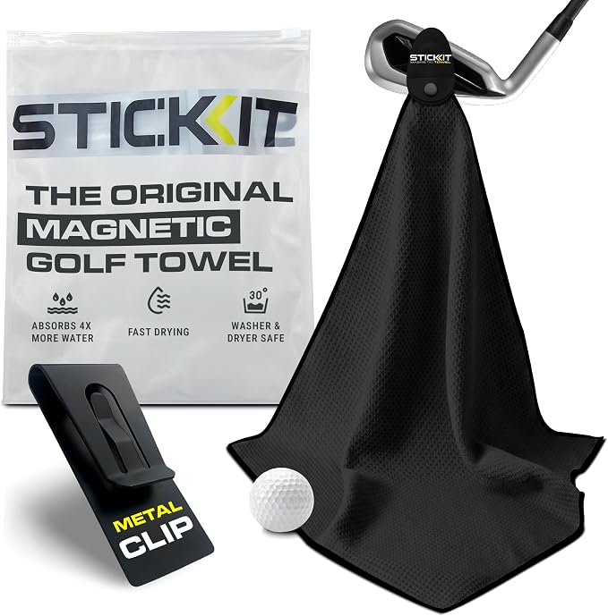 STICKIT Magnetic Golf Towel - Ultra-Absorbent Waffle Weave Microfiber & Removable Magnet - Golf Towel with Magnet for Bags, Clubs & Carts - Removes Dirt, Grass, & Debris from Club Face - 29” x 29”