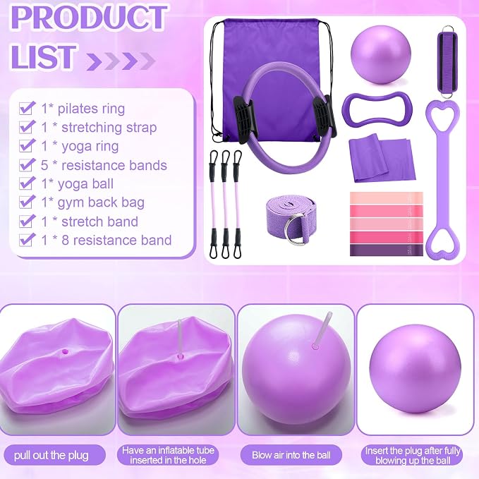 RoundFunny Set of 18 Pilates Ring Essential Kit for Women Pilates Ring and Ball Ankle Resistance Band Yoga Strap Socks Mat Arm Stretcher Latex Tube Gym Back Bag Exercise Equipment for Workout