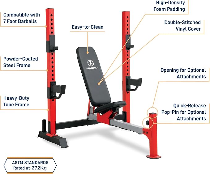 Marcy Deluxe Olympic Weight Bench with Adjustable Back & Bar Catch & Optional Arm Curl, Leg Developer, Lat Tower Attachments (Sold Separately), Personal Home Gym for Strength Training, Weightlifting
