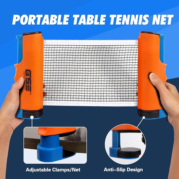 GSE Games & Sports Expert Adjustable Retractable Ping Pong Net Set & Post. Professional Table Tennis Rackets and Balls, Net with Posts and Storage Bag - Pingpong Paddle and Game Table Accessories. | Adjustable