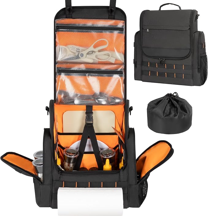 Large Camp Kitchen Organizer with Paper Towel Holder,Hanging Camping Storage Organizers with Metal Hook, Camping Utensil Bag for BBQ Cooking Essentials, With a Canvas Bag for Picnic Pot, Black