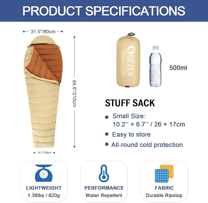 Ultralight Down Sleeping Bag for Adults with 600 Fill Power, Compact All Seasons Sleeping Bag for Backpacking, Hiking and Camping