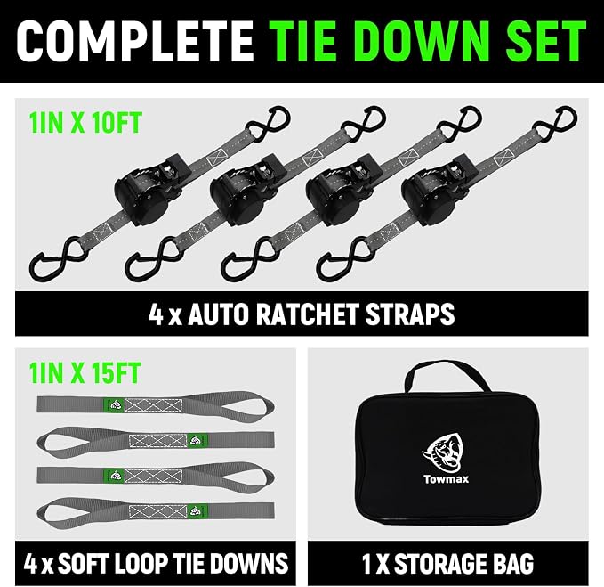 Retractable Ratchet Straps (Patented-4pack) - 1 inch x 10Feet (1,800lb Break Strength) Auto Self Retracting Tie Down Straps - Self Retractable Straps with Refletcive for Motorcyle, Truck or Cargo