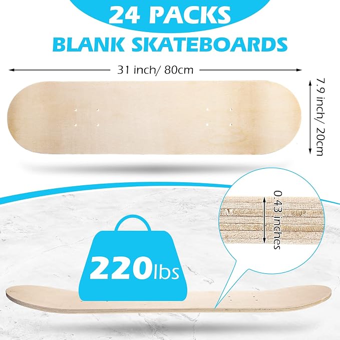 Meooeck Blank Skateboard Decks Bulk 7.9 x 31 Inch Natural 7 Layer Wooden Double Tail Plain Skate Decks for Replacement Art Painting Home Decor