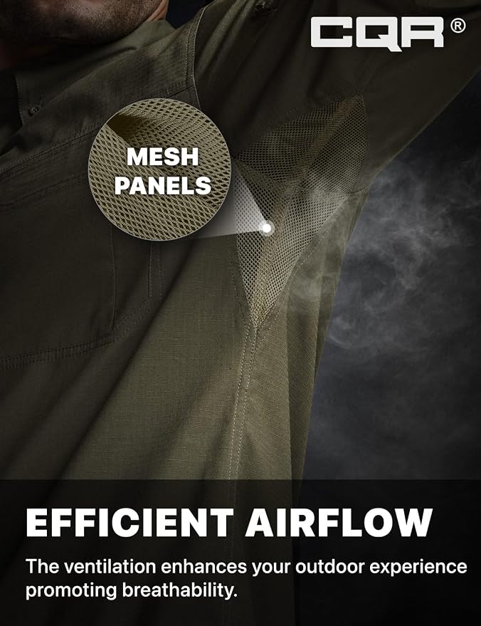 CQR Men's Long Sleeve Tactical Shirts, Ripstop Military Work Shirts, UPF 50+ Breathable Button Down Outdoor Hiking Shirt