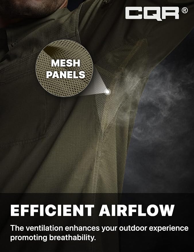 CQR Men's Long Sleeve Tactical Shirts, Ripstop Military Work Shirts, UPF 50+ Breathable Button Down Outdoor Hiking Shirt