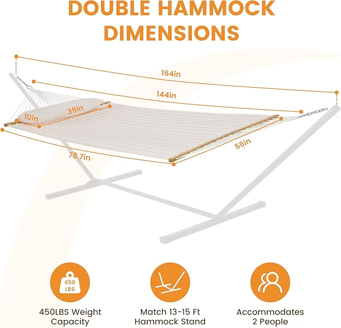 Lazy Daze Hammocks 12 FT Double Quilted Fabric Hammock with Spreader Bar and Detachable Pillow, 2 Person Hammock for Outdoor Patio Backyard Poolside, 450lbs Weight Capacity, Natural