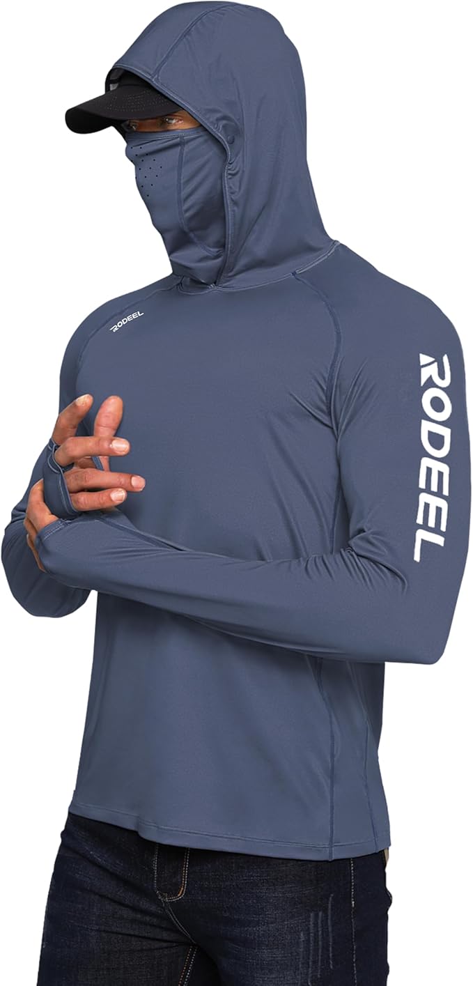 Rodeel Men's UPF 50+ Performance Fishing Hoodie, Long Sleeve Sun Protection Athletic Quick-Dry Breathable T-Shirt