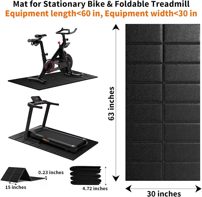 Mat for Exercise Bike Treadmill Walking Pad on Carpet 63x30,Compatible with Peloton, 1/4" Indoor Bike Trainer Mat for Hardwood Floors, Spin Stationary Bike, Equipment Stability, Noise Shock Absorption