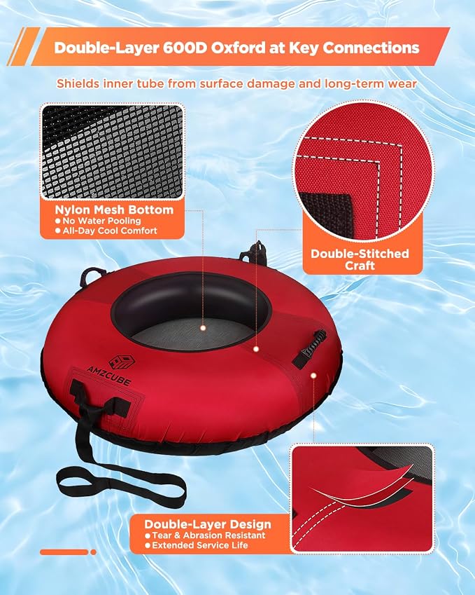 Heavy Duty River Tube for Floating, 44" River Float for Adults with Upgraded Handles and Drink Holder, Abrasion Proof 600D Canvas Cover Outdoor Inflatable Water Tube with Towable Strap