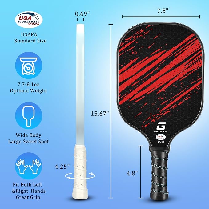 GARYE Pickleball Paddles Set of 2 or 4, USAPA Approved Carbon Fiber Pickleball Set, Lightweight Pickle Ball Rackets 2 Pack with 6 Balls, 1 Bag, Pair of Grip Tapes, Pickle Ball Paddle for Men and Women