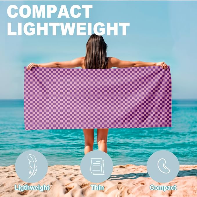 2 Pcs Microfiber Beach Towel Sand Free Sandproof Quick Dry Oversized Lightweight Retro Geometric Pink White Checkered Pattern Travel Pool Yoga Bath Blanket Accessories 71 x 32 Inches