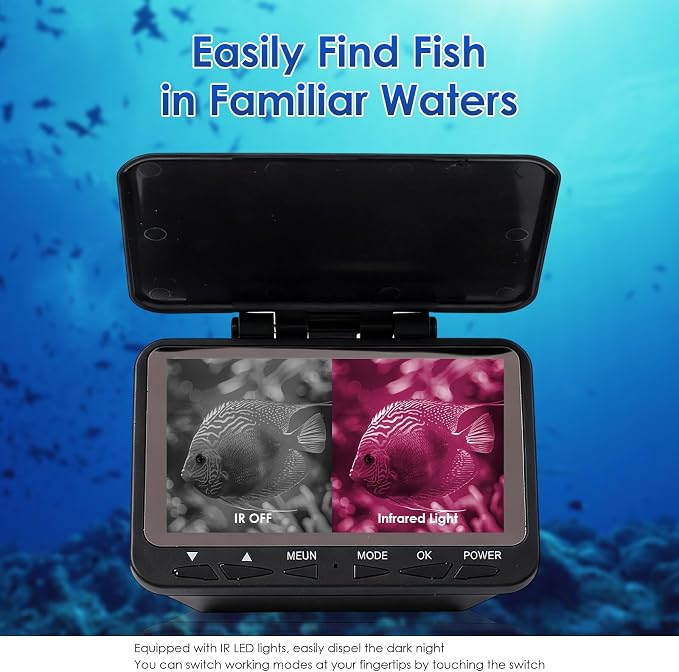 Underwater Fishing Camera, 140-Degrees Wide Angle 1200TVL Fish Finder 4.3" HD Portable Fishing Camera with 9pcs IR Lights for Boat, Lake, Ice Fishing(15M/50ft)