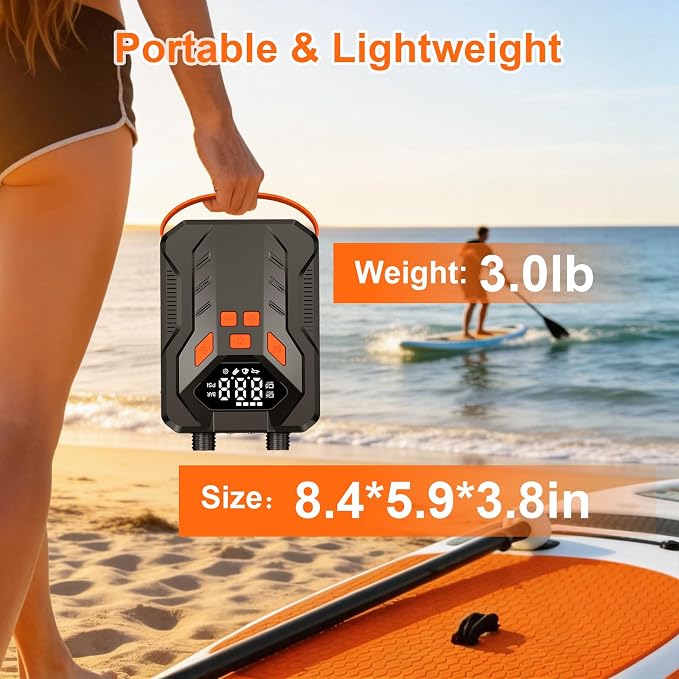 Electric High Pressure Paddle Board Pump 20PSI, Rechargeable SUP Air Pump, Dual-Stage Inflation & & Deflation, Auto-Off, 7 Nozzles, Portable Inflation for Boat, Tent, Kite, Surfing