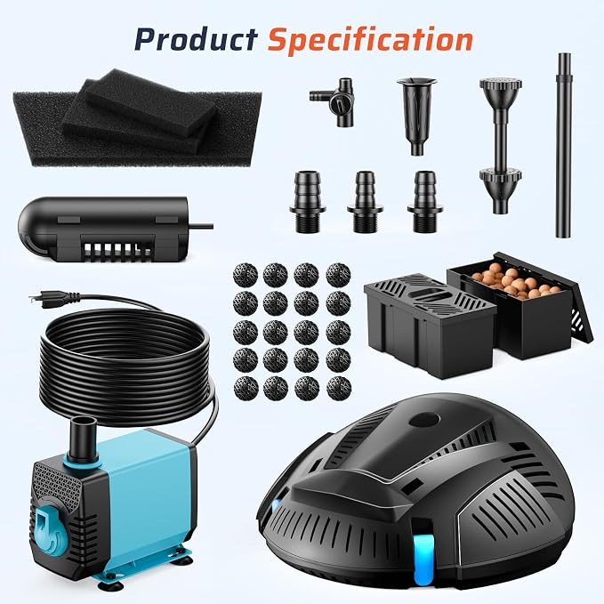 Antfraer Pond Filter with U-V Clarifier & 660GPH Fountain Pump Kit - Pond Filter Box for 1180 Gallon Outdoor Ponds, Koi Ponds, Waterfalls & Aquariums (Corded Electric)