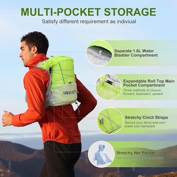 IX INOXTO Running Vest Hydration Backpack, Lightweight Running Backpack Hydration Pack with 1.6L Water Bladder Daypack for Trail Running Hiking Cycling Race Marathon for Women Men