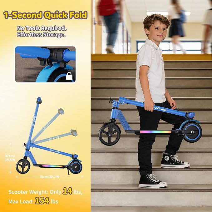 SIMATE Electric Scooter for Kids 6-14, e Kick Scooter with LED Display and Colorful Lights, Adjustable Height and Foldable, Double Brake, Gifts for Kids Girls Boys