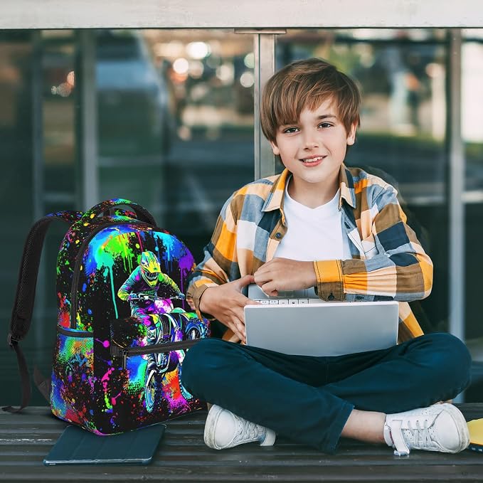 Motocros Backpack For Boys Motocros Dirt Bike Boys Backpack For Kids Children Teens Elementary Middle School Motorcycle Bookbag Travel Back Pack for Age 6-18