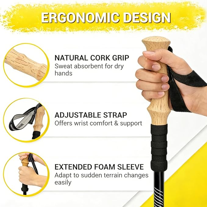 Trekking Poles Hiking Sticks - Lightweight Aluminum Adjustable Telescopic Walking Poles with Cork Grips & Metal Flip Lock for Men Women, Backpacking, Camping, Mountain Climbing