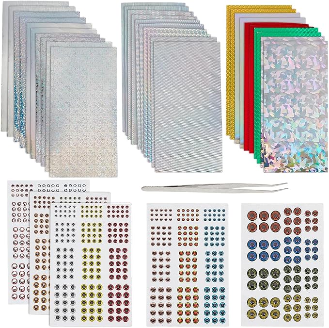 WEBEEDY 1018 Pcs Fishing Lure Stickers and Eyes Kit, 3D/4D/5D Realistic Fishing Lure Eyes Holographic Adhesive Flash Lure Tapes for Freshwater Saltwater Fish Lures Making Supplies Decoration