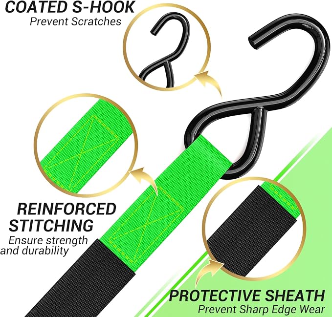 Ratchet Tie Down Strap 8-Pack 15 Ft - 500 lbs Load Cap with 1500 lbs Breaking Limit, Ohuhu Ratchet Tie Downs Logistic Cargo Straps for Moving Appliances, Motorcycle, Green