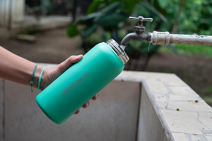 LifeStraw Go Series — Insulated Stainless Steel Water Filter Bottle for Travel and Everyday Use removes Bacteria, Parasites and Microplastics, Improves Taste, 1L, Cactus Green