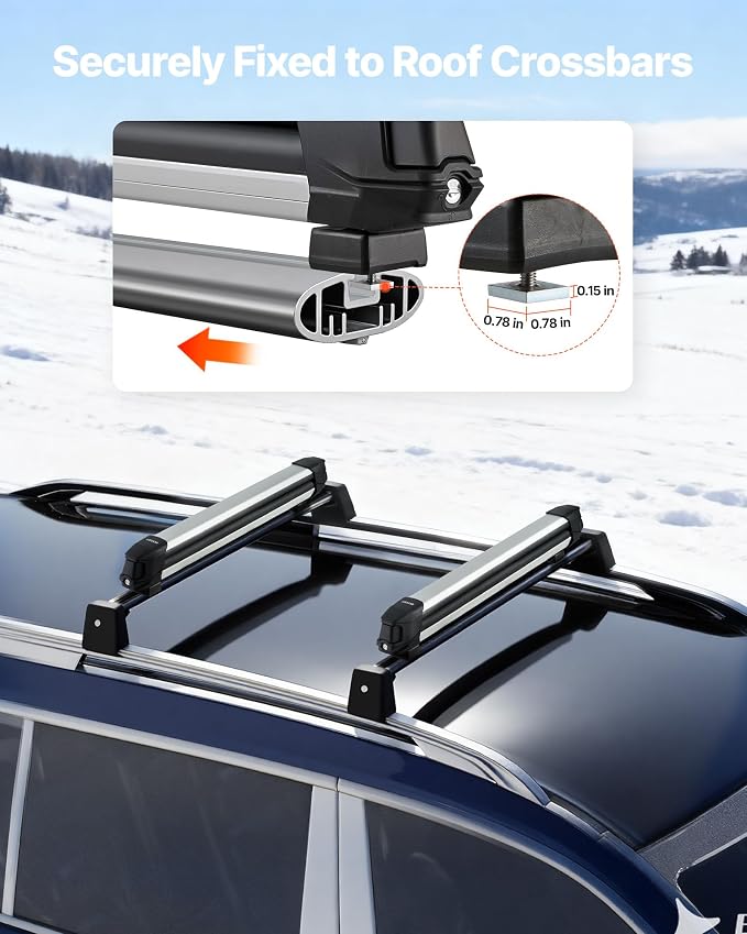 VEVOR Ski & Snowboard Roof Rack, Carry up to 4 Pairs of Skis or 2 Snowboards, 2 PCS Aluminum Universal Car Roof Rack Top Holder with Lock & Rubber Padding, Carrier for Fishing Rod, Fit Most Crossbars