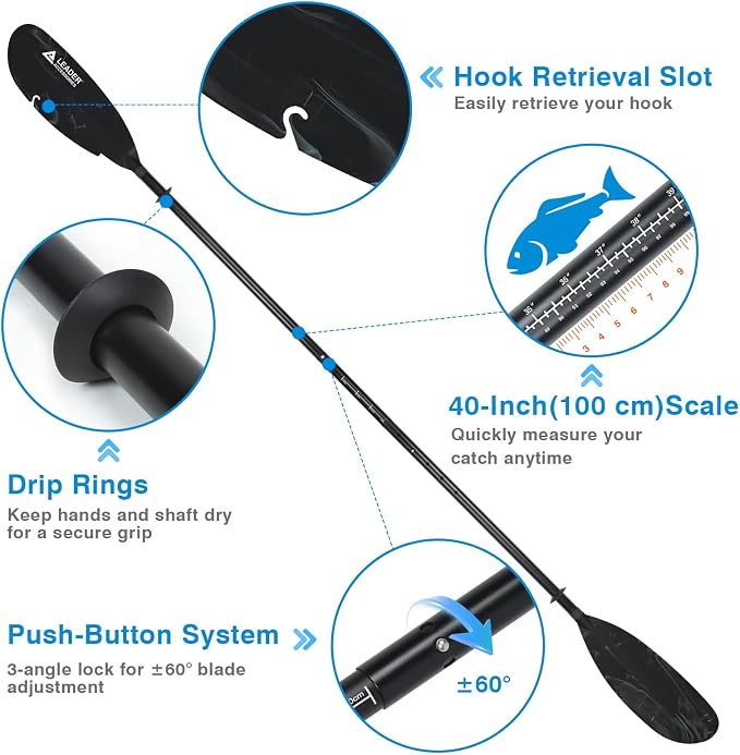 Leader Accessories Adjustable Kayak Paddle Boat Oar: Kayak Canoe Paddles 90-98 inch/230-250cm - Aluminum Floating Kayaking Fishing Oars with Paddle Leash for Adults Youth