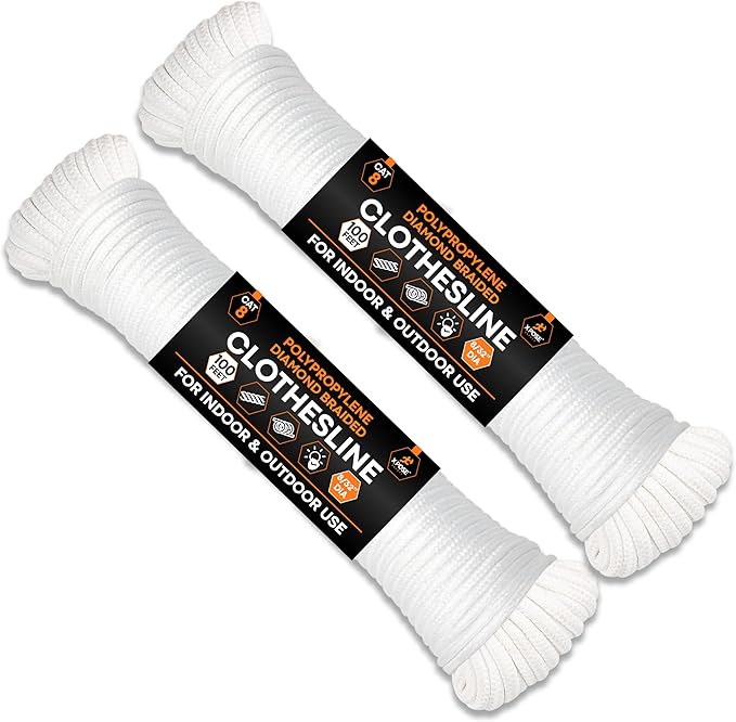 Xpose Safety Diamond Braided Clothesline Rope 8/32" x 100 ft, White Polypropylene Heavy Duty Braided Cord for Clothesline, Camping, Tents, Flagpole, Hoist, Pulley & Outdoor Use, 2 Pack