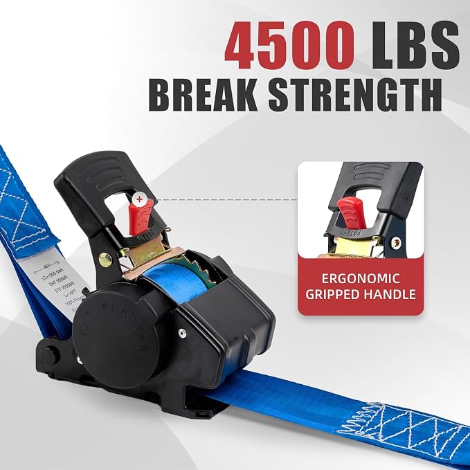 Auto Retractable Ratchet Tie-Down Straps 4500 lbs, 2in × 10ft Self-Retracting Ratchet Straps, Heavy Duty S-Hooks, for Cargo, Trucks & Trailers, Blue, 2 Pack, Damped Rewind