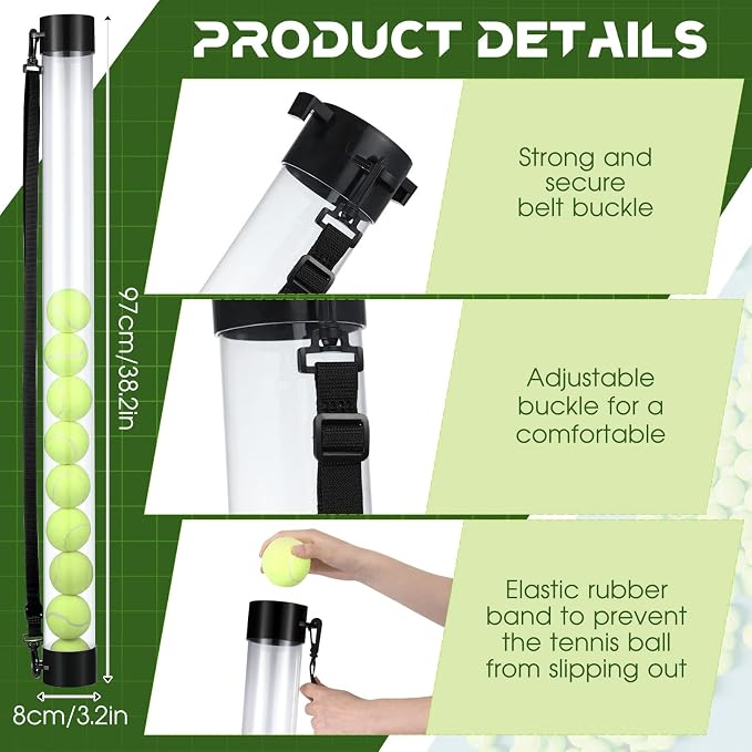 Lenwen 2 Pack Tennis Ball Tube Pickup, Fits 15 Tennis Ball with Shoulder Strap, Lightweight Collector Holder Picker Grabber Retriever Tube Carrier for Players, Coaches & Instructors
